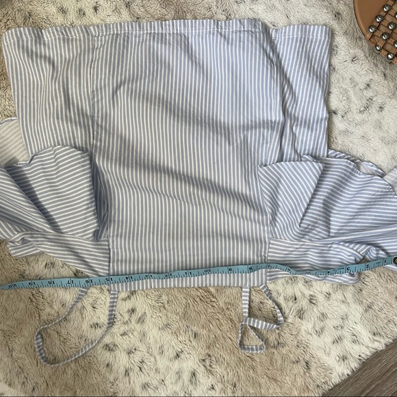 [S] Zara Trafulac Baby Blue & White Striped Fitted Cold Ruffle Shoulder Crop Top - Picture 11 of 12